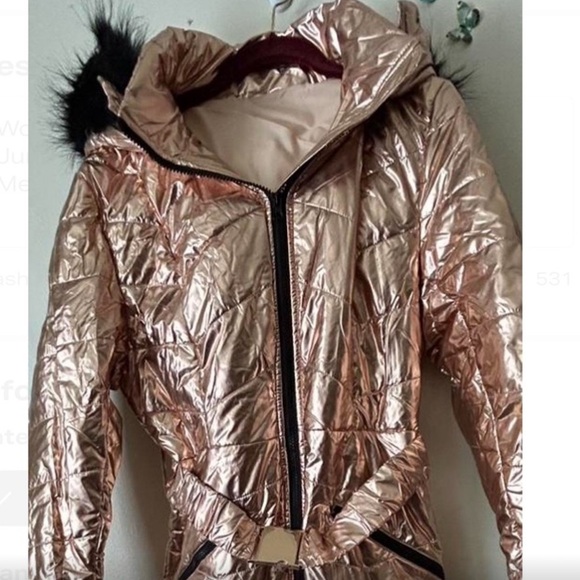 Women’s Rose Gold Quilted Snow Suit ski with Faux Fur Hood & Belt S / M - Picture 7 of 7